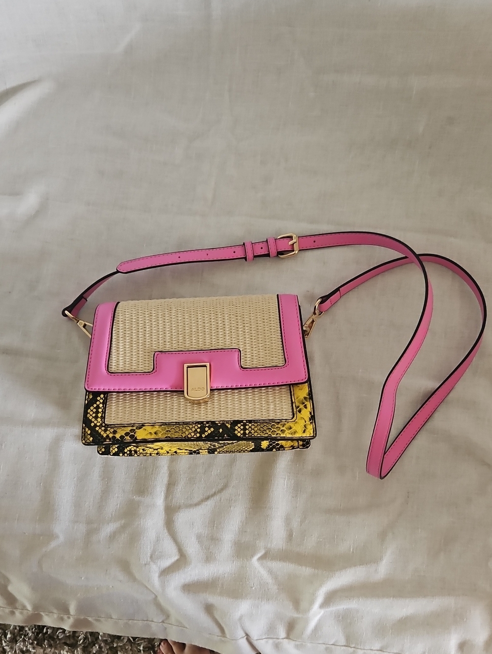 Aldo Pink Trim Woven Crossbody with Yellow Snake-Print Accent